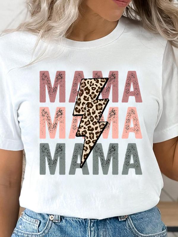 Women's Leopard Lightning & Letter Print Round Neck Tee, Summer Clothes, Fashion Casual Short Sleeve T-Shirt for Daily Wear, Ladies Clothes for Summer 1
