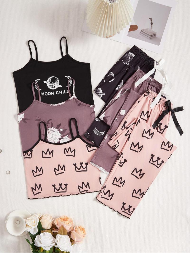 Product Introduction of Women's Graphic Print Cami Top & Pants Pyjama Set, Casual Comfortable Loungewear Set for Women, Comfy Loungewear Set for Daily Home Wear 3