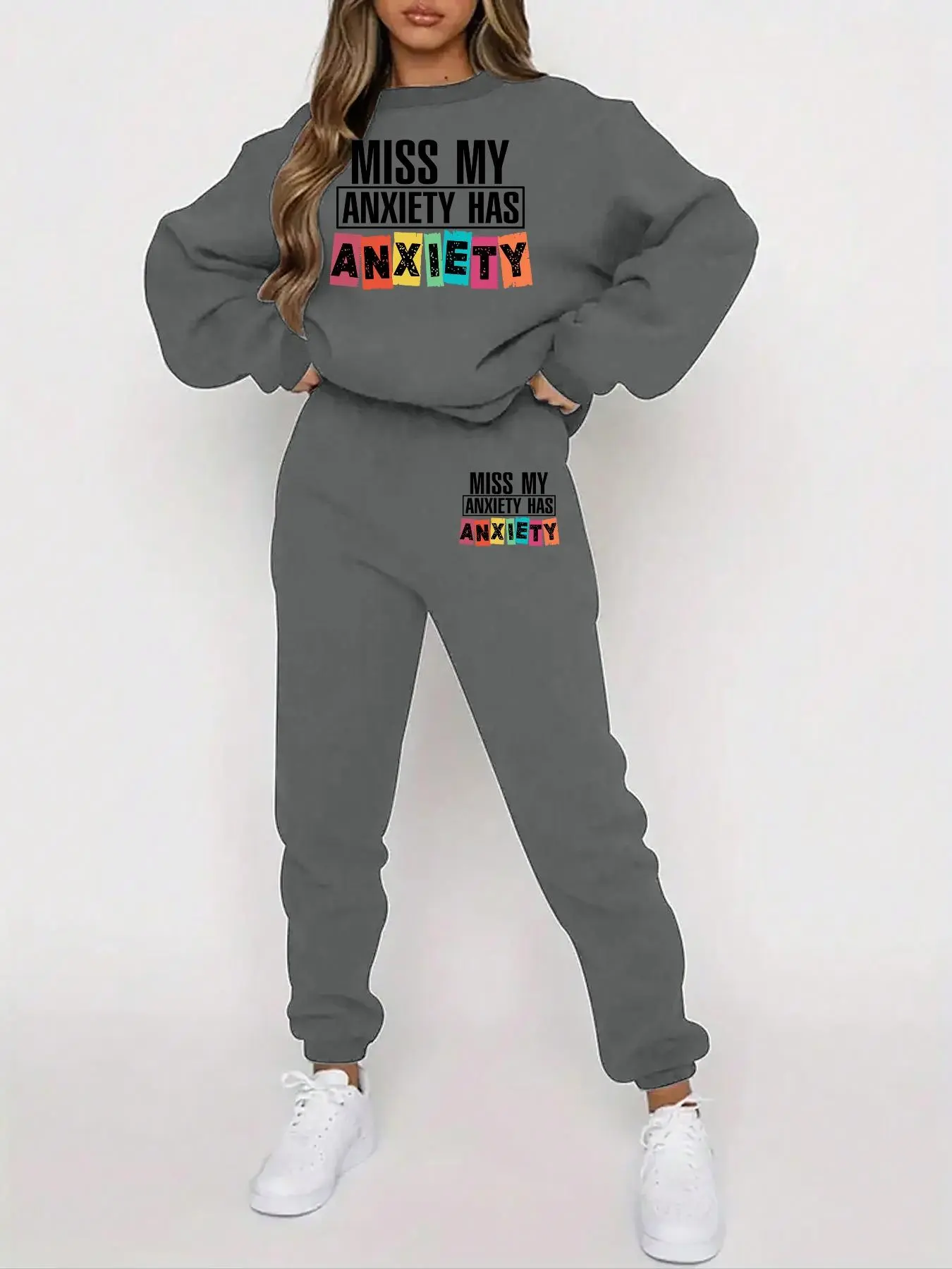 Two-piece Set Women's Letter Print Thermal Lined Sweatshirt & Elastic Waist Sweatpants, Casual Fashion Cozy Round Neck Long Sleeve Pullover & Pocket Jogger Pants for Daily Wear, Women's Two-piece Outfits for Fall & Winter