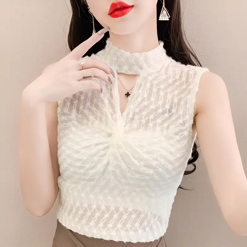 Áo Cánh Voan, Dành Cho Phụ Nữ, Dễ Phối Đồ, Mỏng Vừa Vặn, Áo Lớp Nền Không Tay, Áo Ren Nữ, Thanh Lịch, Cổ Lọ Nửa, Áo Yếm