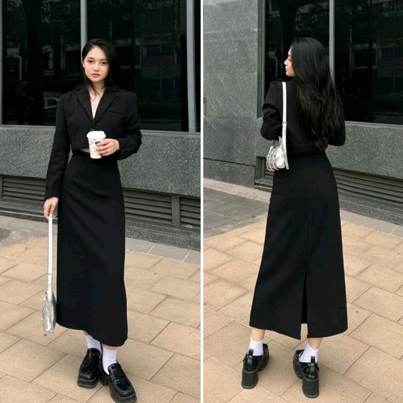 Chân Váy Chữ A Dáng Suông Dài Xẻ Tà Sau,Chân Váy Mindi Lưng Cao Chất Vải Mềm Mịn Nữ Khuy 2