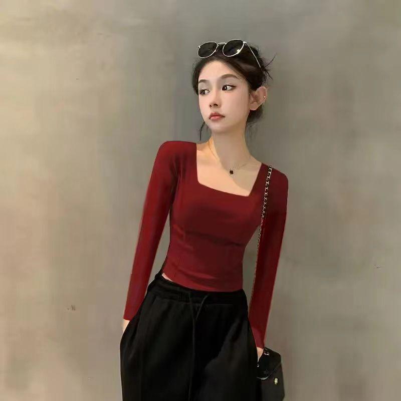 Áo Thun Dài Tay, Hàng Mới Về Mùa Thu Và Mùa Đông, Cổ Vuông, Thời Trang, Mỏng Vừa Vặn, Ngắn, Thiết Kế Xương Cá Cá Sợi, Áo Thanh Lịch, Dành Cho Nữ, Thời Trang 0