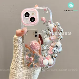 Untuk iPhone Casing Ponsel untuk iPhone 11 pro max plus 17 16 15 14 Plus XR 13 12 PRO 7 6 8 7+ 6+ 8+ Xs Max Casing ponsel cermin mawar merah muda dengan tali pengikat cover 07307
