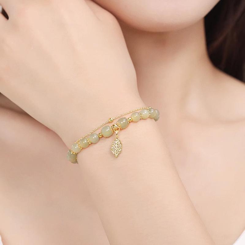 Women Bracelet Faux Jade Smooth Bead Leaf Pendant Double-layered Adjustable Length Rhinestone Lady Bangle Prom Daily Wrist Jewelry 1