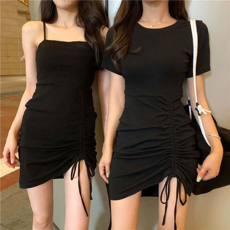 2024 Black Dress Girl Sling Dress Inner Wear Base Black Sheath Tight Skirt Spring and Summer New Fashion