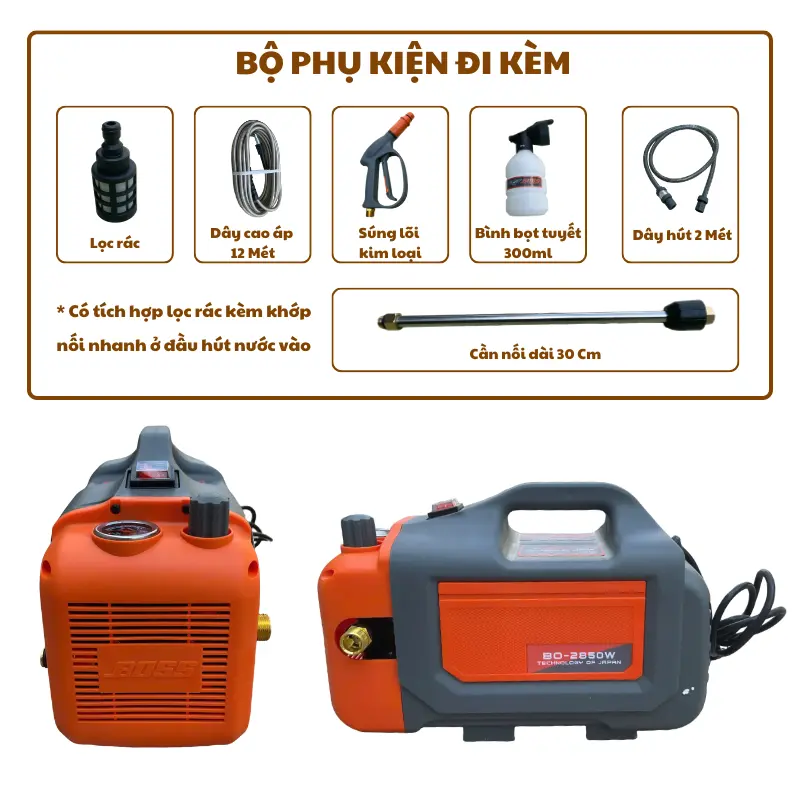 Máy rửa xe gia đình BOSS Model BO-2850W, công suất 2850W, áp mạnh 180 bar, mô tơ lõi đồng, chống giật 2