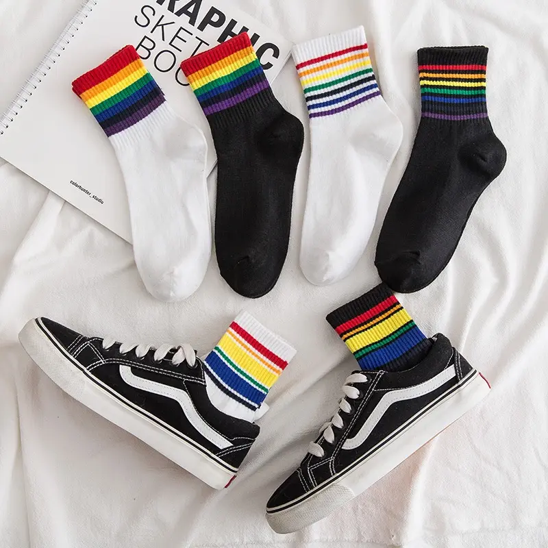 COD ☑️ Rainbow Stripe Soft Cotton Breathable Middle Tube Socks stocking  bella  bonita