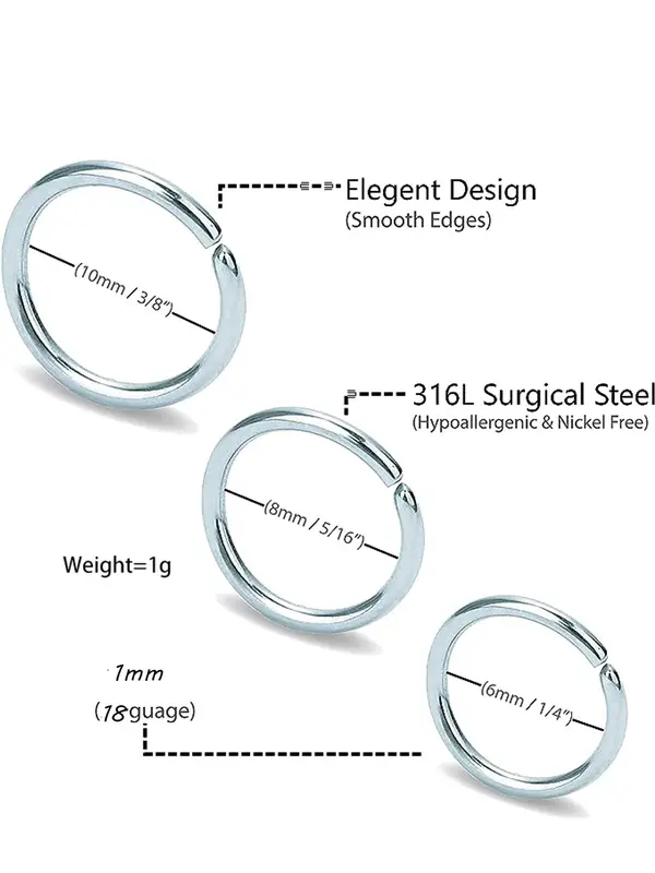 15pcs/set Plain simple Stainless Steel Nose Ring, Classic popular Cuff Nose Ring, Fashion Body Piercing Jewelry Accessories for Women and Men 1