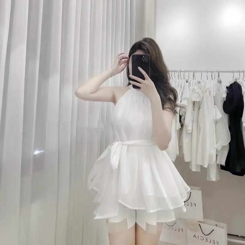 Áo kiểu nữ cổ yếm cột nơ DOLARO, áo voan kiếng 2 lớp sát nách cột nơ mặc được hai kiểu kèm hình thật Kem Jean 4