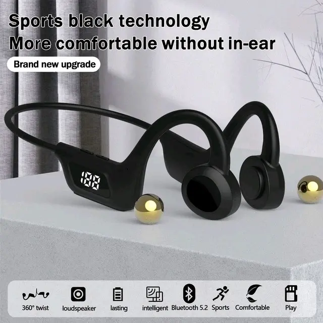 Earphone Konduksi Tulang Bluetooth Nirkabel 5.2 Headphone Olahraga Tahan Air Headset Noise Reduction Mikrofon MP3 Mendukung Kartu SD Handsfree Hitam Headphones Earphones Led Ponsel Peredam Telepon Wireless Bass