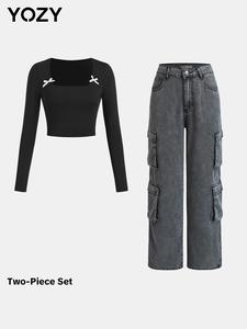 YOZY Women's Bow Decor Crop Tee & Cargo Pants Set, Women's Daily Wear for All Seasons