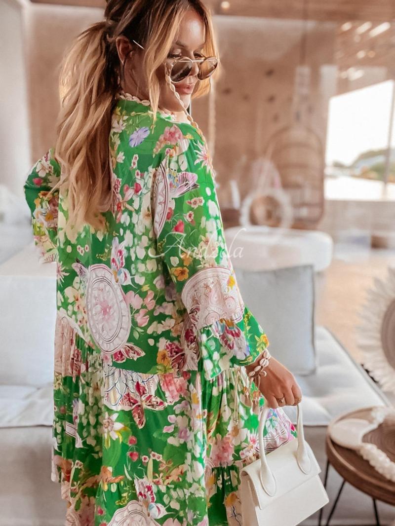 Product Introduction of Women's Floral Print Button Front Dress, Boho 3/4 Sleeve Short Dress for Summer, Ladies Clothes for Beach Holiday Vacation, Holiday Dresses 2