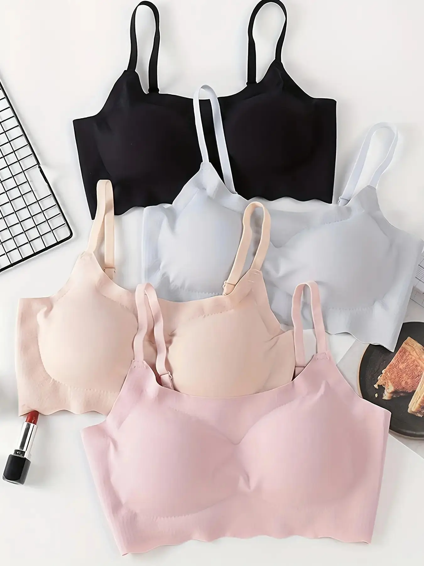Women's Solid Scallop Trim Wireless Bra, Adjustable Strap Push Up Bralette, Soft Comfy Lingerie for Women