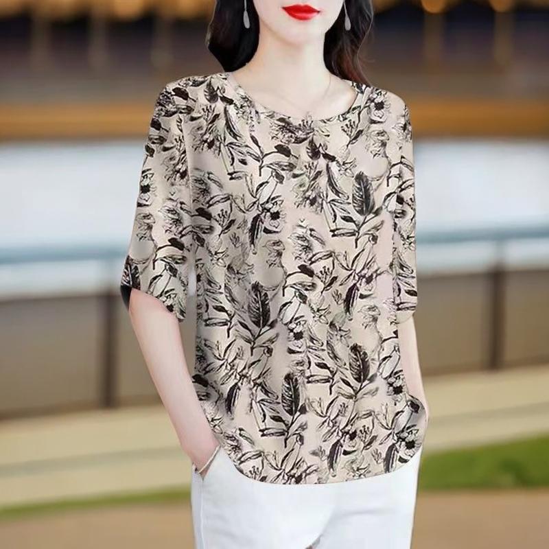Áo Thun In Hình, Cổ Tròn, Tay Lửng, Dành Cho Mẹ TRUNG NIÊN, Nữ Mùa Hè, Ngoại Cỡ, Dáng Rộng, Che Bụng, Áo Phong Cách Phương Tây, Áo Sơ Mi Nhỏ Top Women Shirt 2