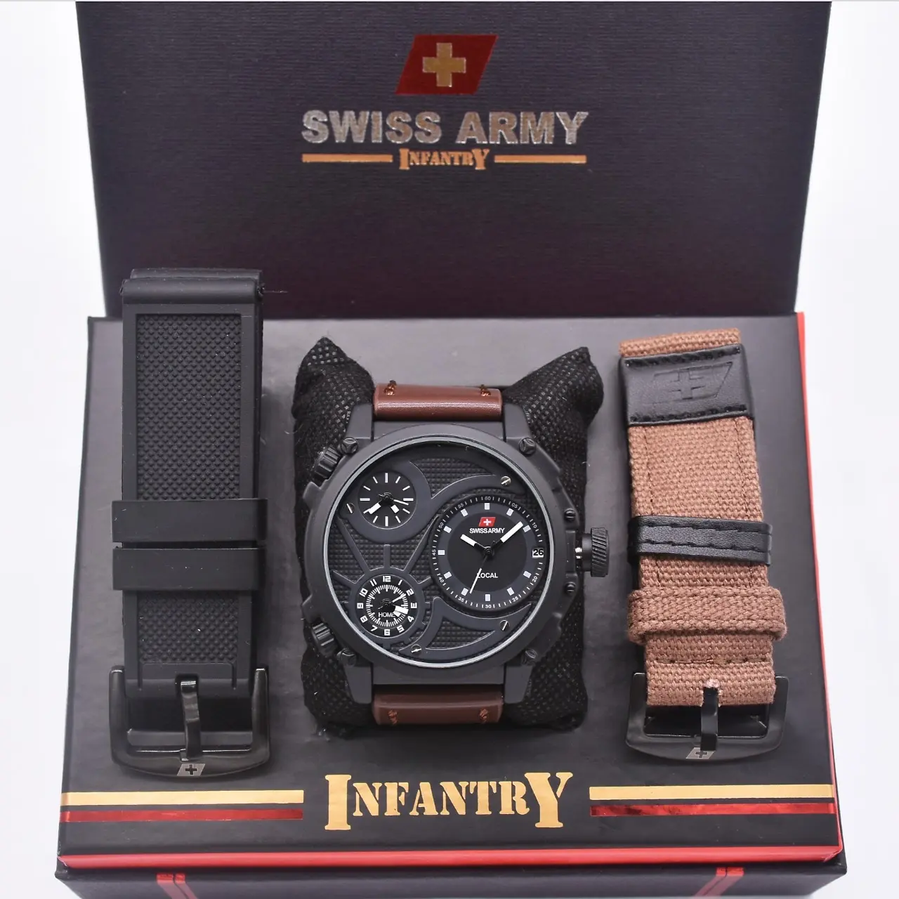Jam tangan pria Swiss army infantry paket 2 tali kulit rubber Watches Watches Kanvas