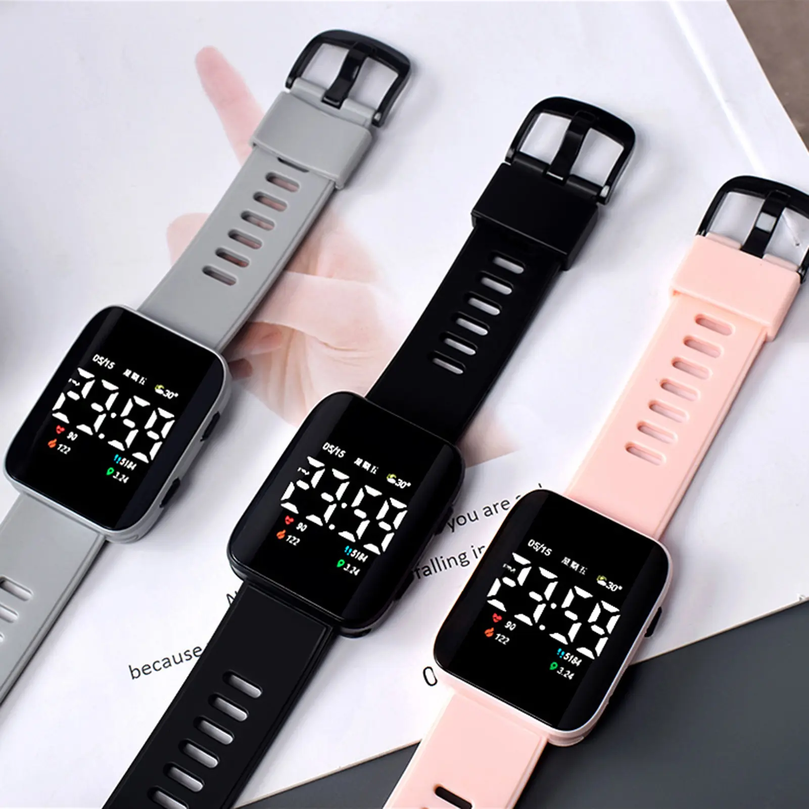 LED Digital Electronic Watch with Solid Color Strap Waterproof Sports Wristwatch for Men and Women