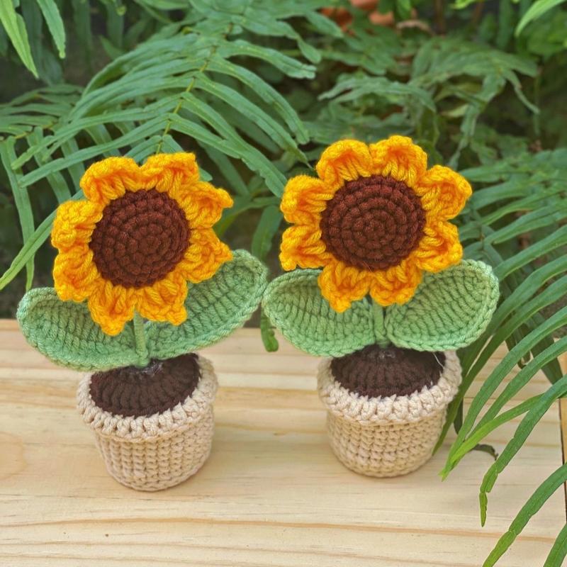 Chậu hoa hướng dương bằng len, chậu hoa len handmade trang trí bàn học, bàn làm việc, kệ sách, taplo ô tô, tặng