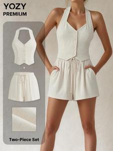 Two-Piece Set YOZY Women's Solid Color Halter Top & Wide Leg Shorts Set, Casual Sleeveless Top & Shorts for Summer, Ladies Clothes for Daily Wear