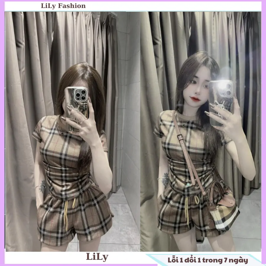 Set bộ quần áo kẻ nữ dáng ôm có nhúm eo chất dày đẹp BB.R NÂU
