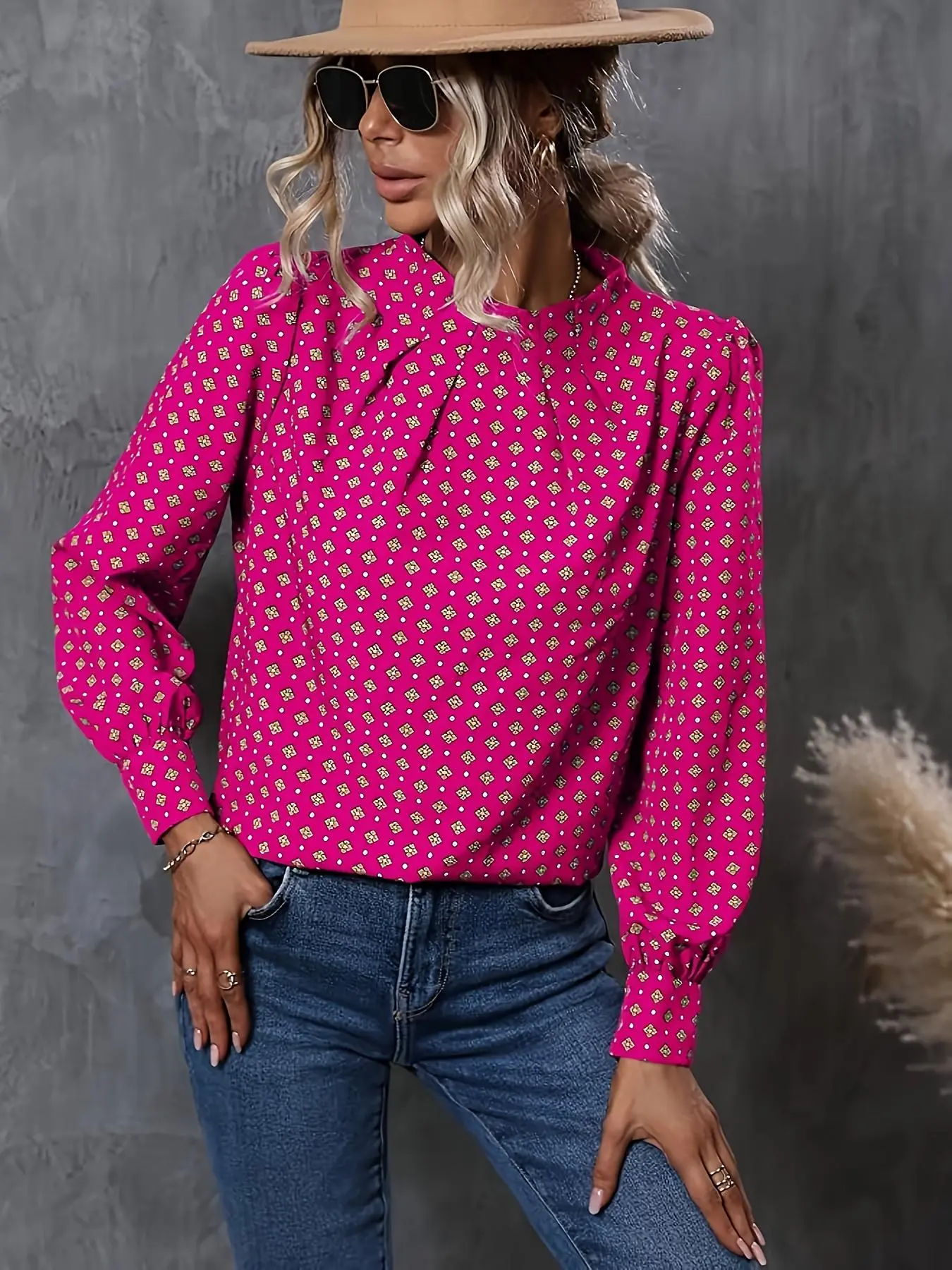 Women's All Over Print Button Back Blouse, Elegant Long Sleeve Top for Spring & Fall, Ladies Clothes for Daily Wear