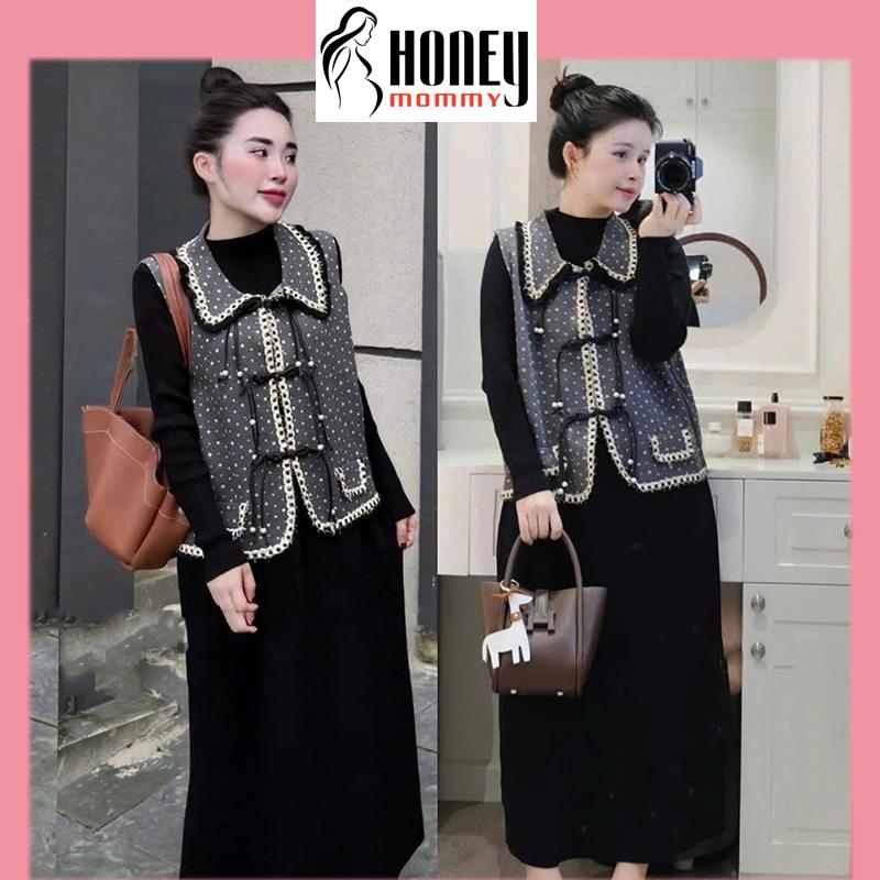 Set Váy Bầu Đầm Bầu Thu Đông Dáng Len Ôm Kèm Khoác Gile Cổ Sen Tiểu Thư Sang Chảnh Mặc Đi Cafe HD3264 Honey Mommy