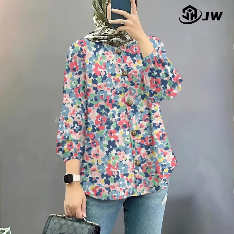 Product Introduction of Baju Raya 2025 Viral Nude Blouse Puff Sleeve Muslim Shirt Long Dress Korean Style Muslimah Small Floral Muslim Shirt + Skirt Set 27