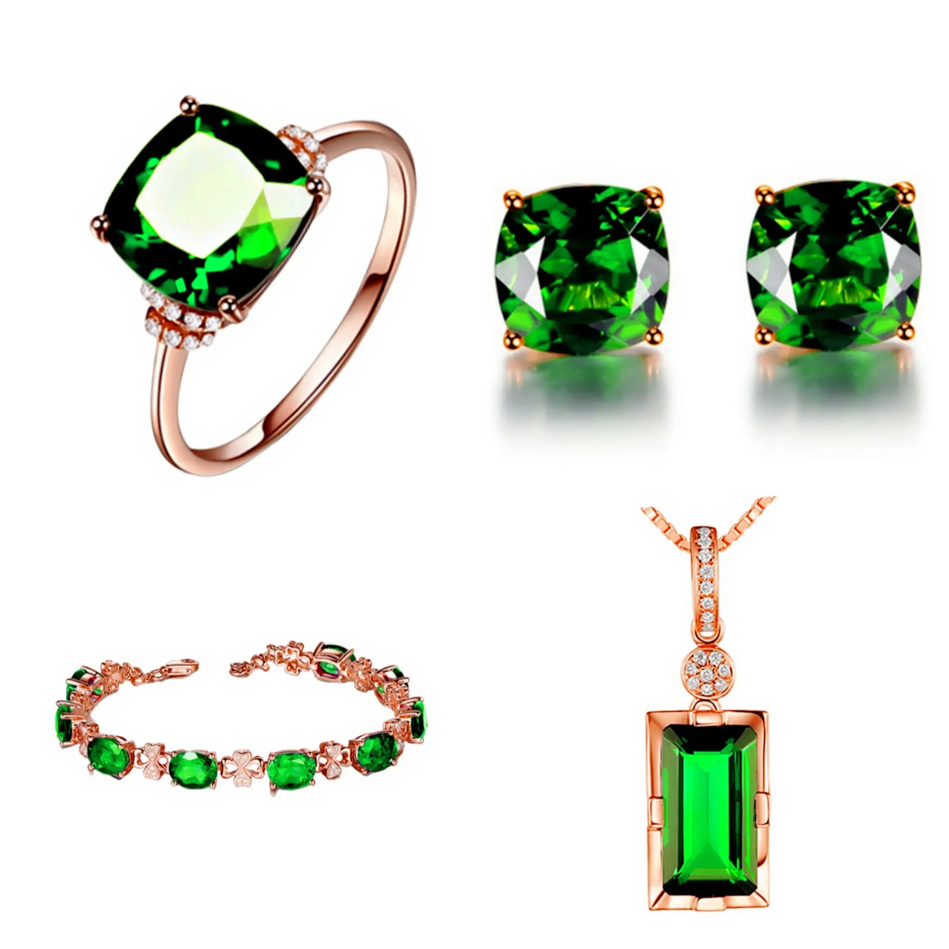 Rose Gold Plated Emerald Diamond Earrings Ring Pendant Necklace Jewelry Set Exquisite Green Diamond Jewelry cincin perak ring silver silver diamond cincin perak lelaki
