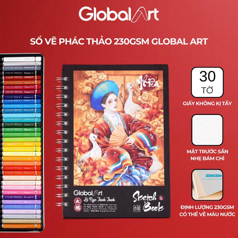 (TẶNG CHÌ BẤM) SỔ PHÁC THẢO GLOBAL ART A4 A5 SKETCHBOOK 230gsm 30 TỜ, GIẤY KHÔNG KỴ TẨY. CÓ THỂ VẼ MÀU NƯỚC