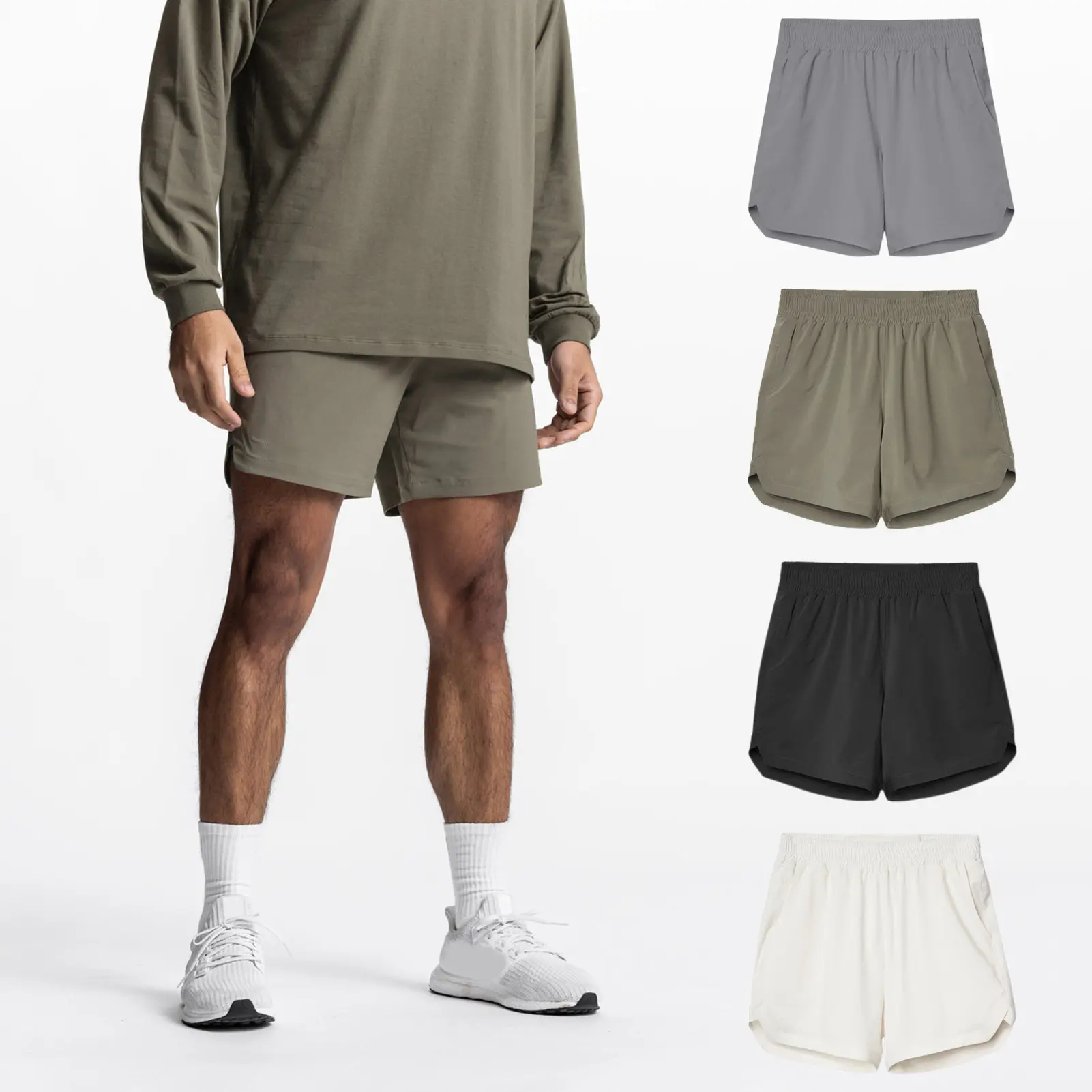 pofstac-Men Sports Shorts Solid Color Elastic Waist Side Split Loose Back Pocket Exercise Thin Mid Waist Single Layer Men Jogging Shorts Men Clothing