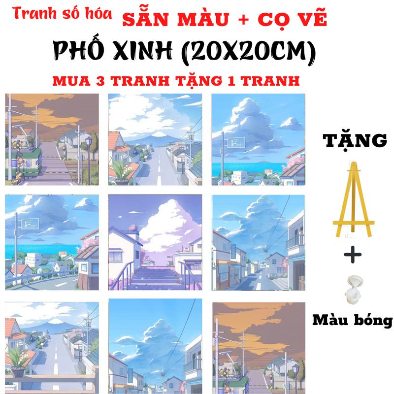 Tranh tô màu theo số họa tiết PHỐ XINH bình yên đã căng size 20x20,  Mua 1 tranh Tặng 1 kệ để tranh, 1 màu bóng, màu tô, cọ vẽ, móc treo tranh, mua 3 tranh tặng 1 tranh, tặng 4 kệ gỗ, 4 màu bóng Diy Tô Màu tranh  tô