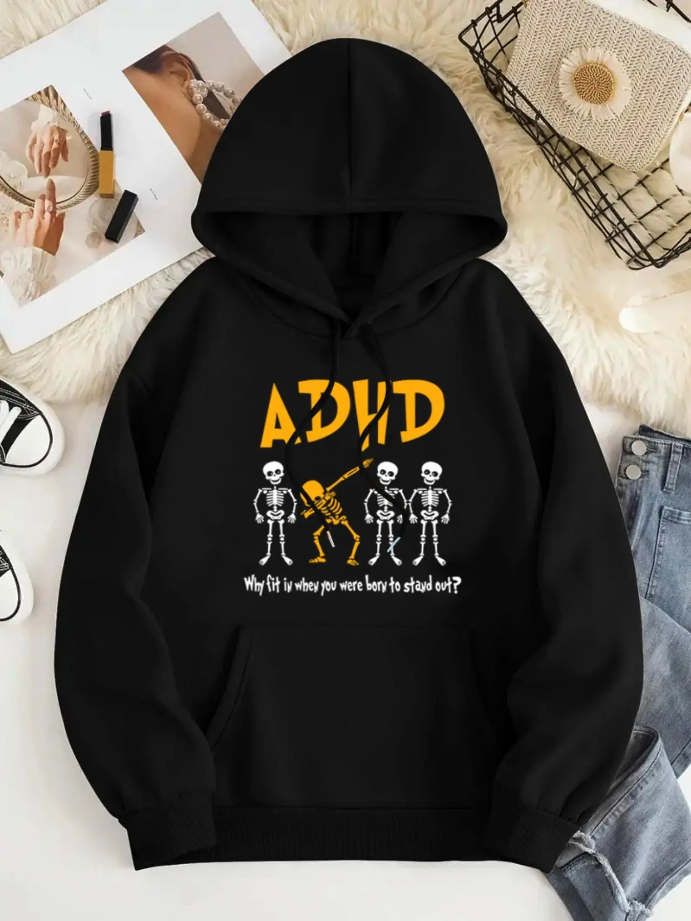 Women's Adhd Letter Print Drawstring Hoodie, Casual Long Sleeve Hooded Sweatshirt for Fall & Winter, Women's Clothes for Daily Wear