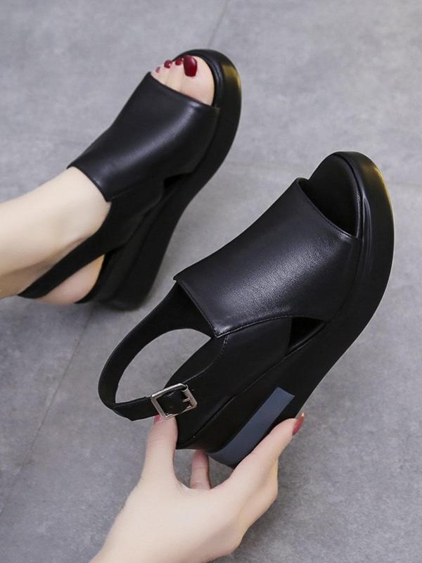 Women's Fashionable Solid Color Wedge Sandals, 1 Pair Casual Open Toe Platform Sandals for Summer, Comfortable Buckle Strap Sandals for Daily Wear 5