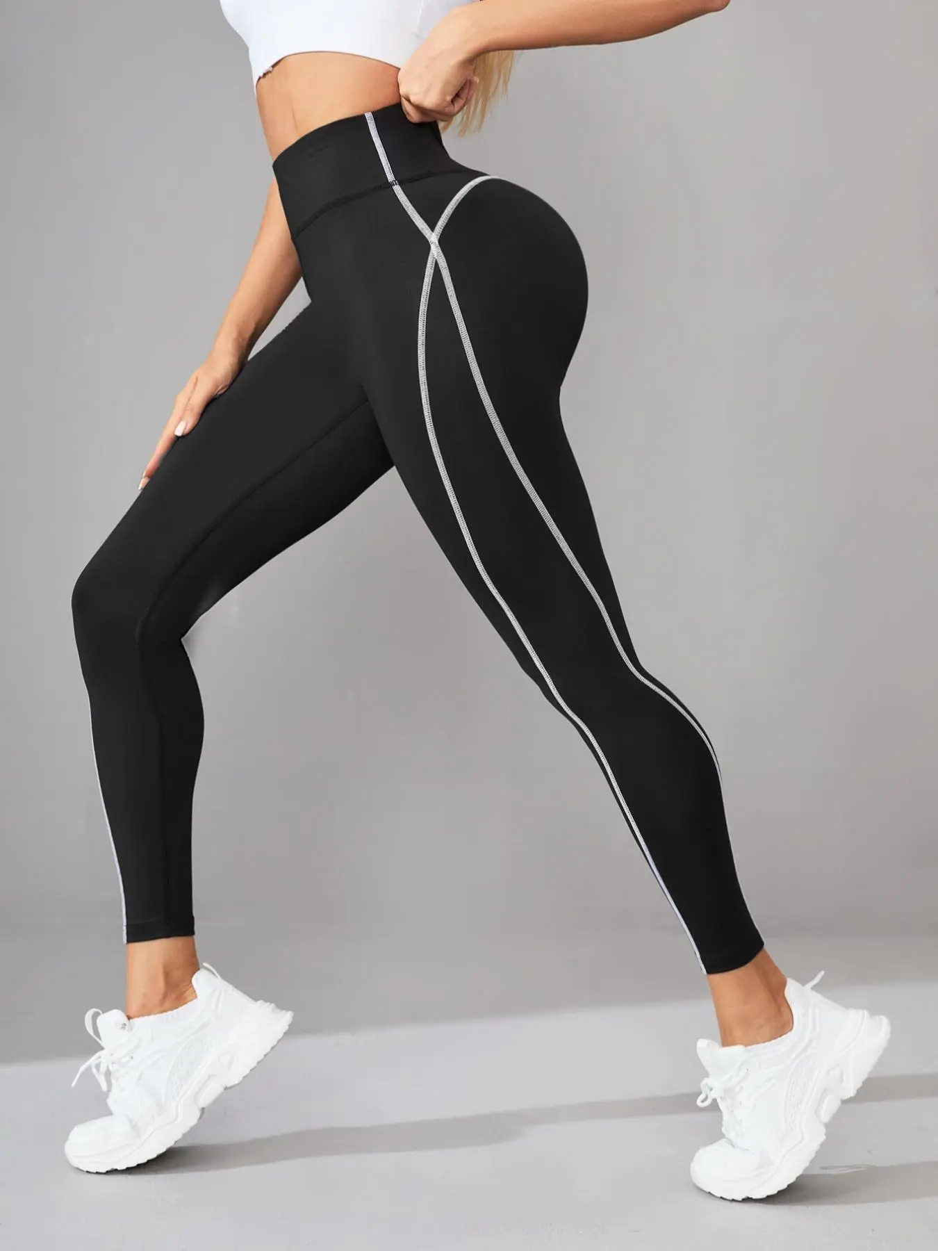 Sporty Women's Top-Stitching High Waist Quick Dry Sports Leggings, Solid Color High Stretch Seamless Yoga Leggings, Ladies Sportswear for Indoor Outdoor Wear, Gym Clothes