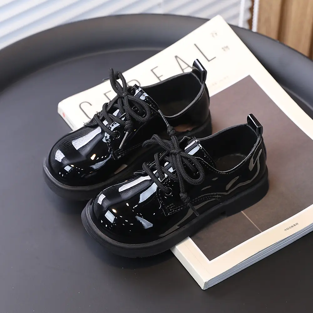 Boys' Small Black Leather Shoes PU Leather Solid Color Flat Performance Shoes Girls Flower Children Primary and Secondary School Children Performance Shoes