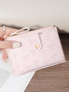 Cartera corta con cierre para mujer con patrón de moño de dibujos animados, porta tarjetas de moda con múltiples ranuras para tarjetas, cartera simple y casual con múltiples ranuras para tarjetas