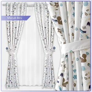 Gorden Hordeng Korden Kain  Katun Untuk Pintu Jendela Minimalis 12 Ring Gold Motif Manuk Biru Tali Curtain