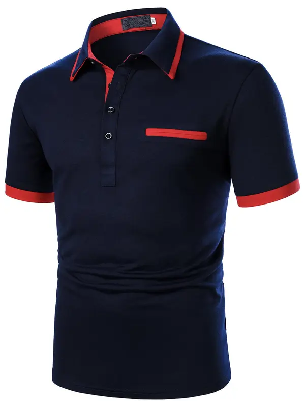 Two-Piece Set Men's Patchwork Short Sleeve Polo Shirt & Shorts, Regular Fit Casual Fashion Cozy Breathable Top & Shorts for Daily Outdoor Wear, Men's Clothing for Summer 3