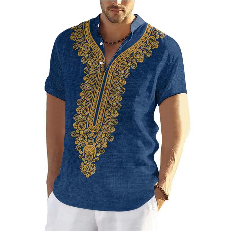 Product Introduction of 2025 New Year Ethnic Style Barong Shirt Men's Stand Collar Short Sleeve Top 3D Bohemian Traditional Retro Ethnic Clothes Outdoor Loose Breathable Quick-Drying Large Size Men's Clot 34
