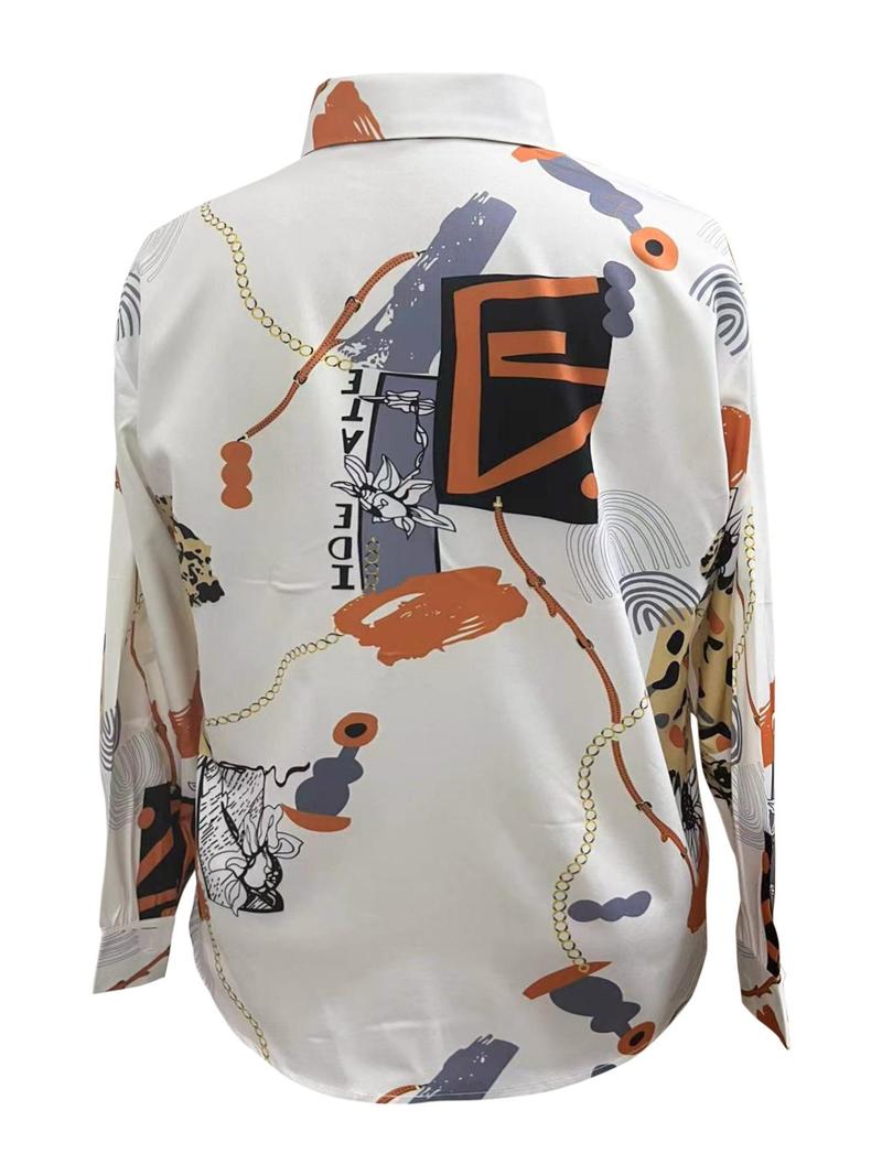 Product Introduction of Women's Chain Print Button Front Blouse, Casual Long Sleeve Collared Top for Spring & Fall, Women's Clothing for Daily Wear 2