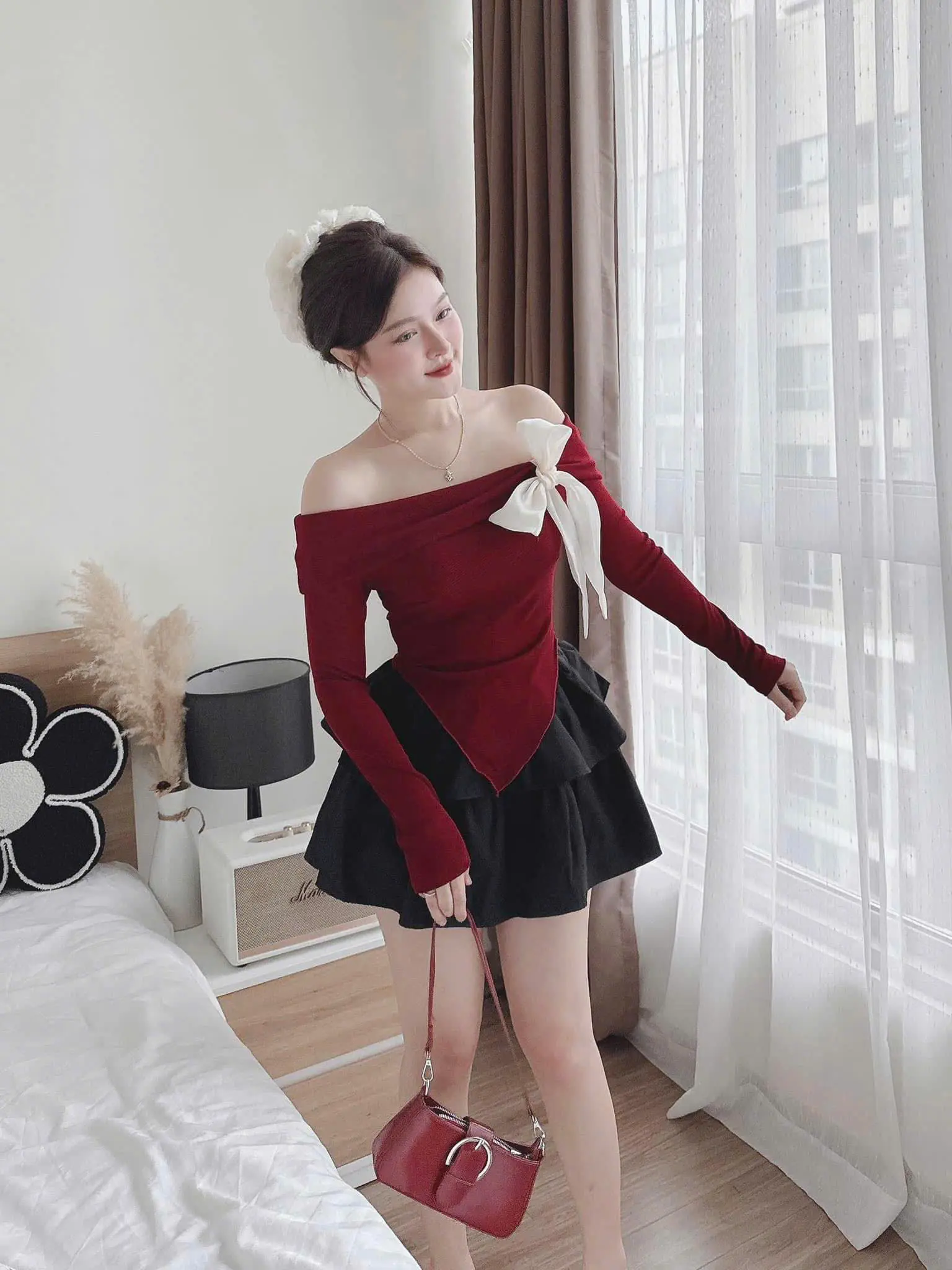 Sét bộ đồ nữ màu đỏ phối chân váy đen - Áo nữ đẹp - Women