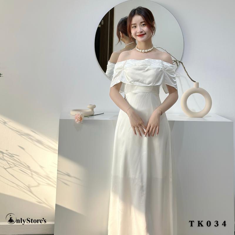 TK034 Đầm nữ lụa trể vai dáng xòe kèm ngọc trai 2