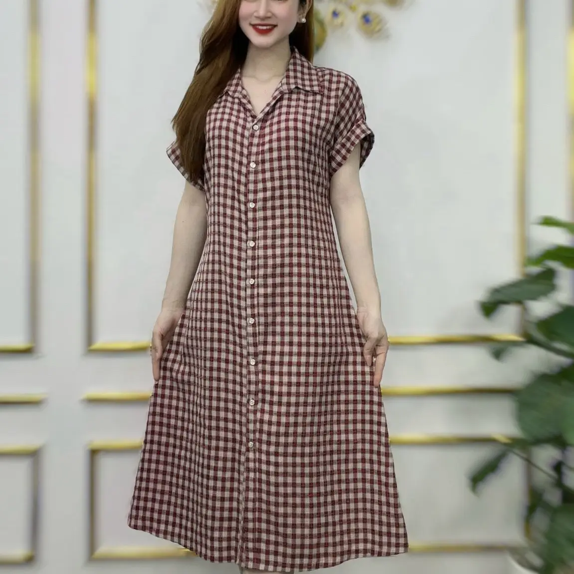 Đầm Thiết Kế cổ sơ mi mã TD04 Form A Che Khuyết Điểm Tốt có bigsize , đầm suông trung niên  Nữ Women Dress Kẻ Sọc Nhung Sen Lịch Sò