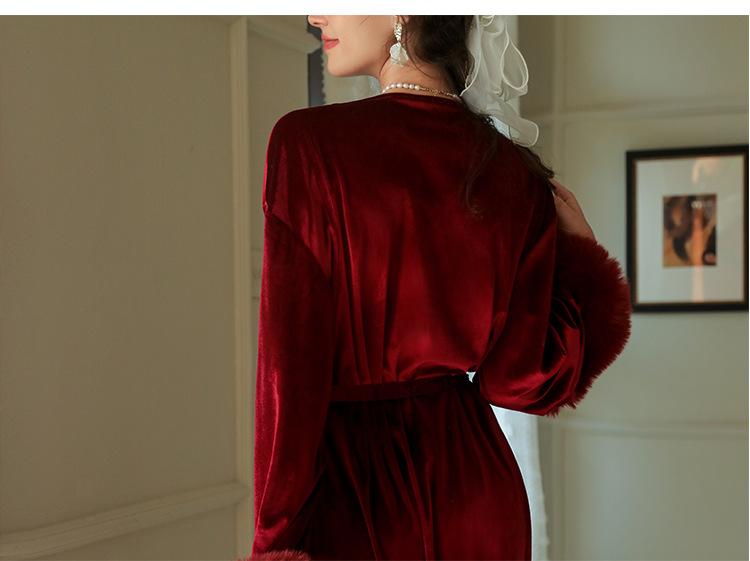 Product Introduction of Bride Bridal Gown Women's Long Feather Nightgown Wedding Tie Makeup Bridesmaid Kimono South Korea Gold Velvet 5