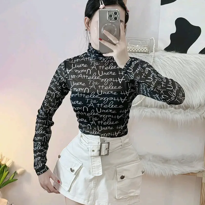 Áo lưới cổ lọ tay dài hoa văn thoải mái ôm body co giãn cho nữ - Women 0