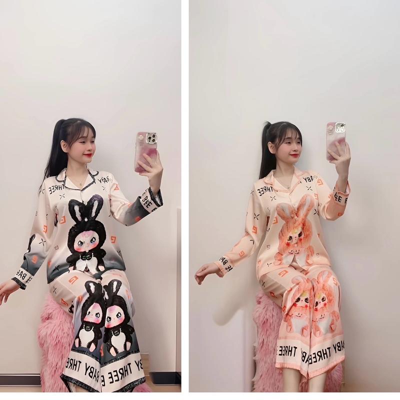 Pyzama TD(42_65kg) in BABY lụa Latin cao cấp  thật xinh tay dài quần dài phối nẹp-xưởng May Thanh Thảo Nữ Nhung Kem Women Tim Màu Đỏ Voi Áo Voi Áo Lịch