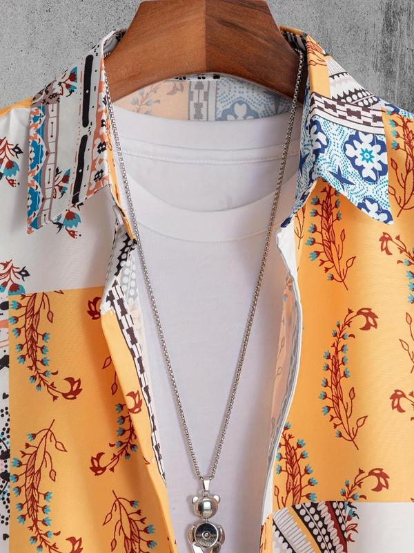 Men's Patchwork Print Button Shirt & Drawstring Waist Shorts Co-ord Set, Boho Casual Comfort Regular Fit Ethnic Pattern Short Sleeve Collared Top & Track Shorts, Summer Clothes 2