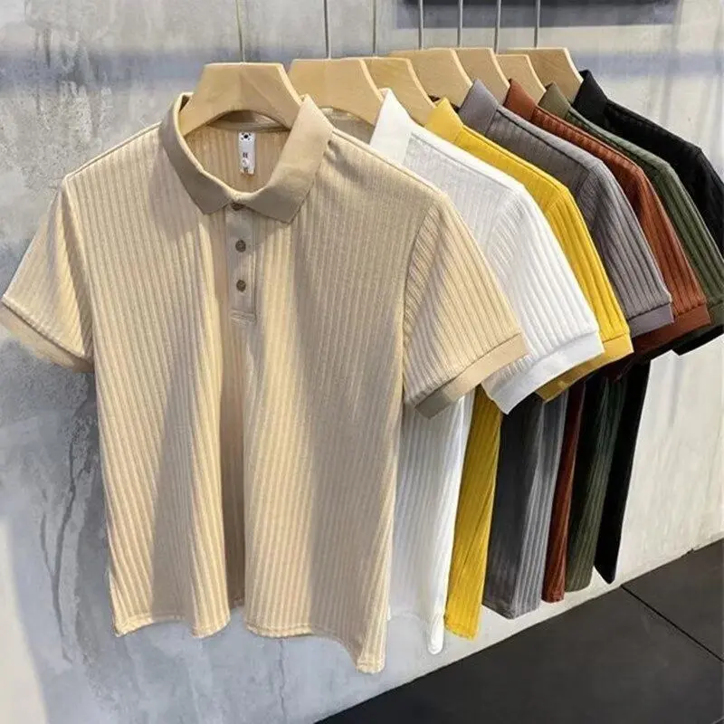 Áo Thun Polo ngắn Tay Chất Liệu Lụa Lạnh Áo Thun Nam, Màu Trơn Phong Cách Doanh Nhân, Cổ Áo bẻ xuống, Thoáng Khí, Áo Sọc Thường Ngày Có Sẵn Trong 1 / 2 Mảnh, Thích Hợp Cho Mùa Hè áo  polo  nam  chữ  b
