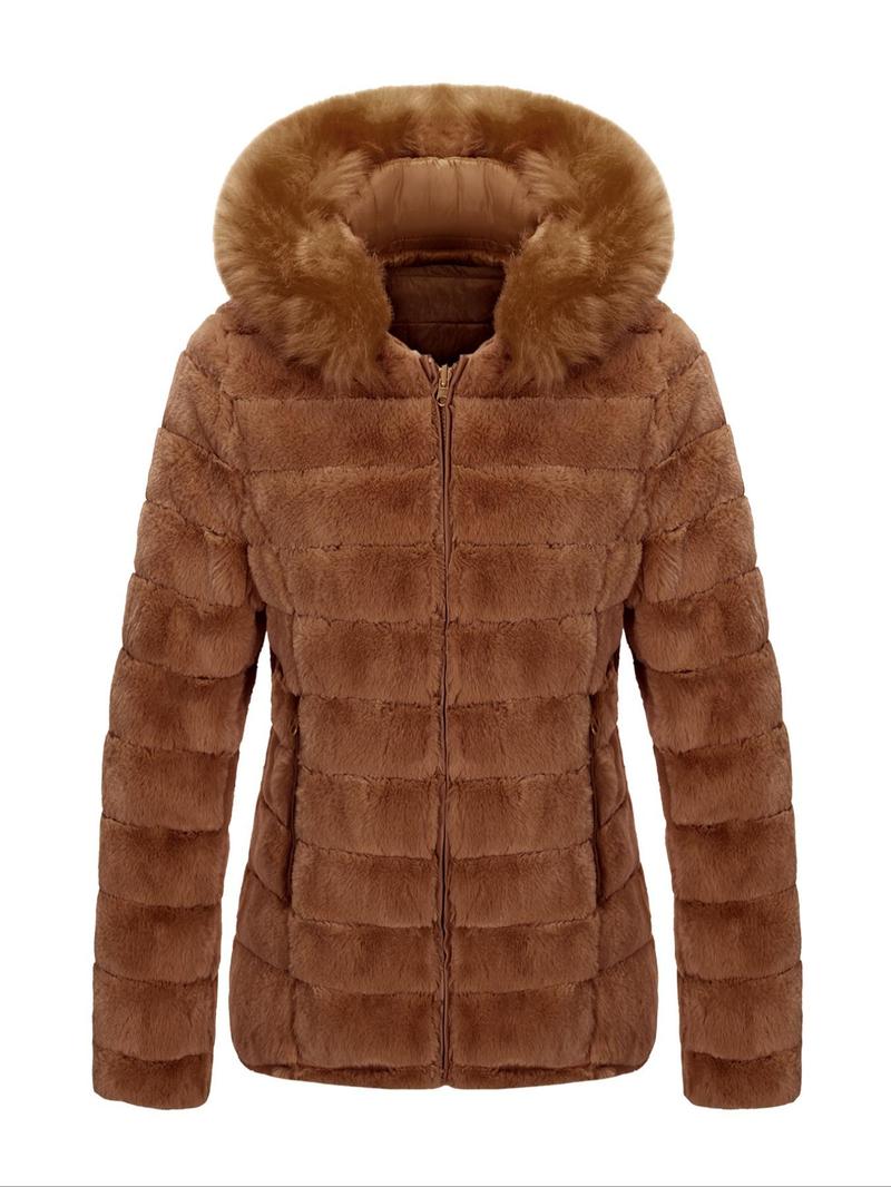 Product Introduction of Women's Solid Color Contrast Faux Fur Reversible Hooded Jacket, Casual Warm Long Sleeve Drawstring Quilted Coat for Fall & Winter, Women's Clothing for Daily Wear 5
