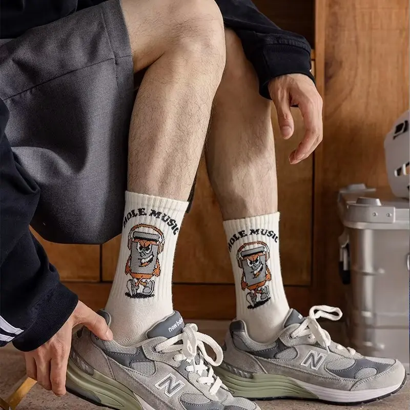 Men Socks New Korean Style Athletic Socks Men Cotton Sock Cartoon Socks Sweat-Absorbent Breathable Basketball Mid-Calf Socks Casual Socks Men Antibacterial Socks Antibacterial Sweat-Absorbent Socks