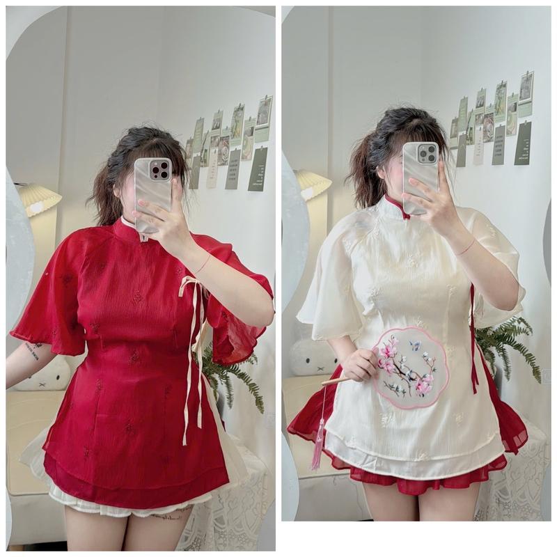   Bigsize 60-90kg  set áo + váy cách tân voan tơ  01  Women 